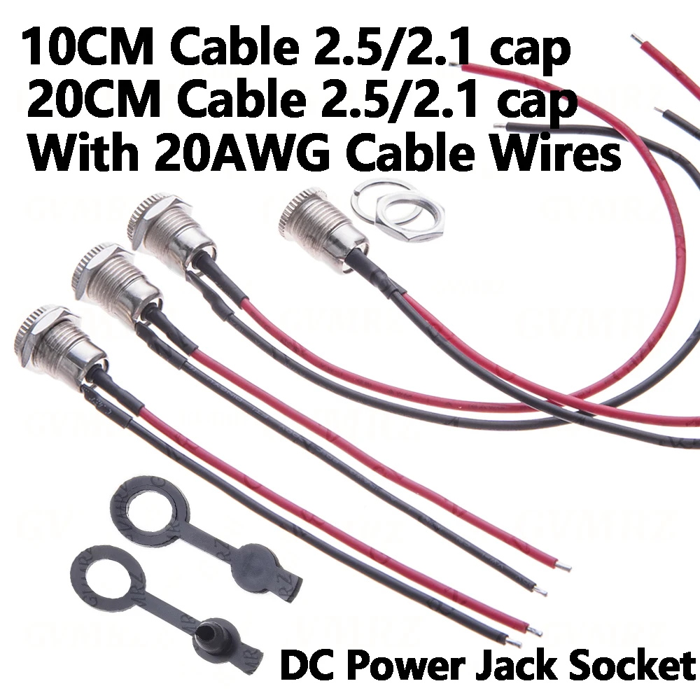 1Pair 5.5x2.1/5.5 x 2.5 10CM DC Power Socket Threaded Female Connector Adapter With 20AWG Cable Wires DC-099 20CM Waterproof cap