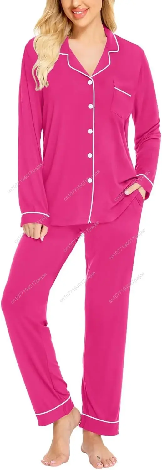 SWOMOG Damen-Pyjama-Set, langärmelig, Nachtwäsche, Knopfleiste, Nachtwäsche, weiche Baumwolle, Pj-Lounge-Sets