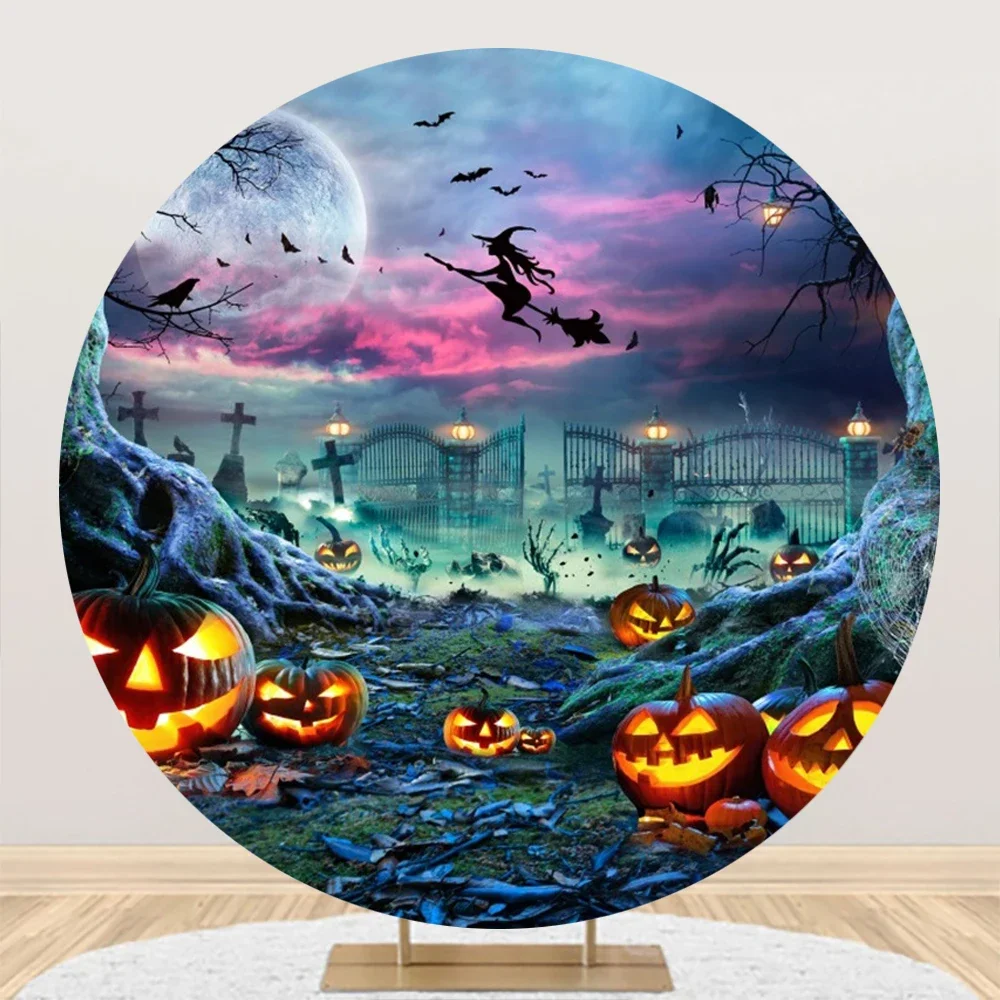 Tableclothsfactory Halloween Party Round Backdrop Horror Night Moon Pumpkin Witch Castle Kids Portrait Circle Cover for Photo