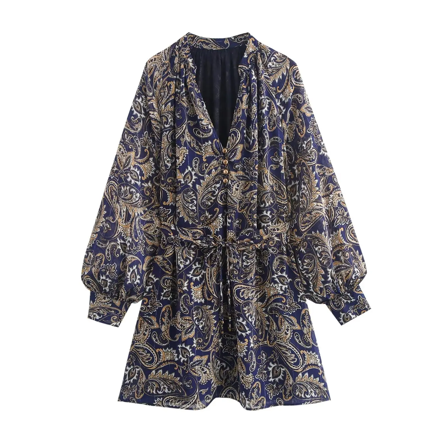 HH TRAF Female Summer Fashion Paisley Printing Long Sleeves Mini Dress Women's V-Neck Single-breasted Pleated Design Dress Mujer