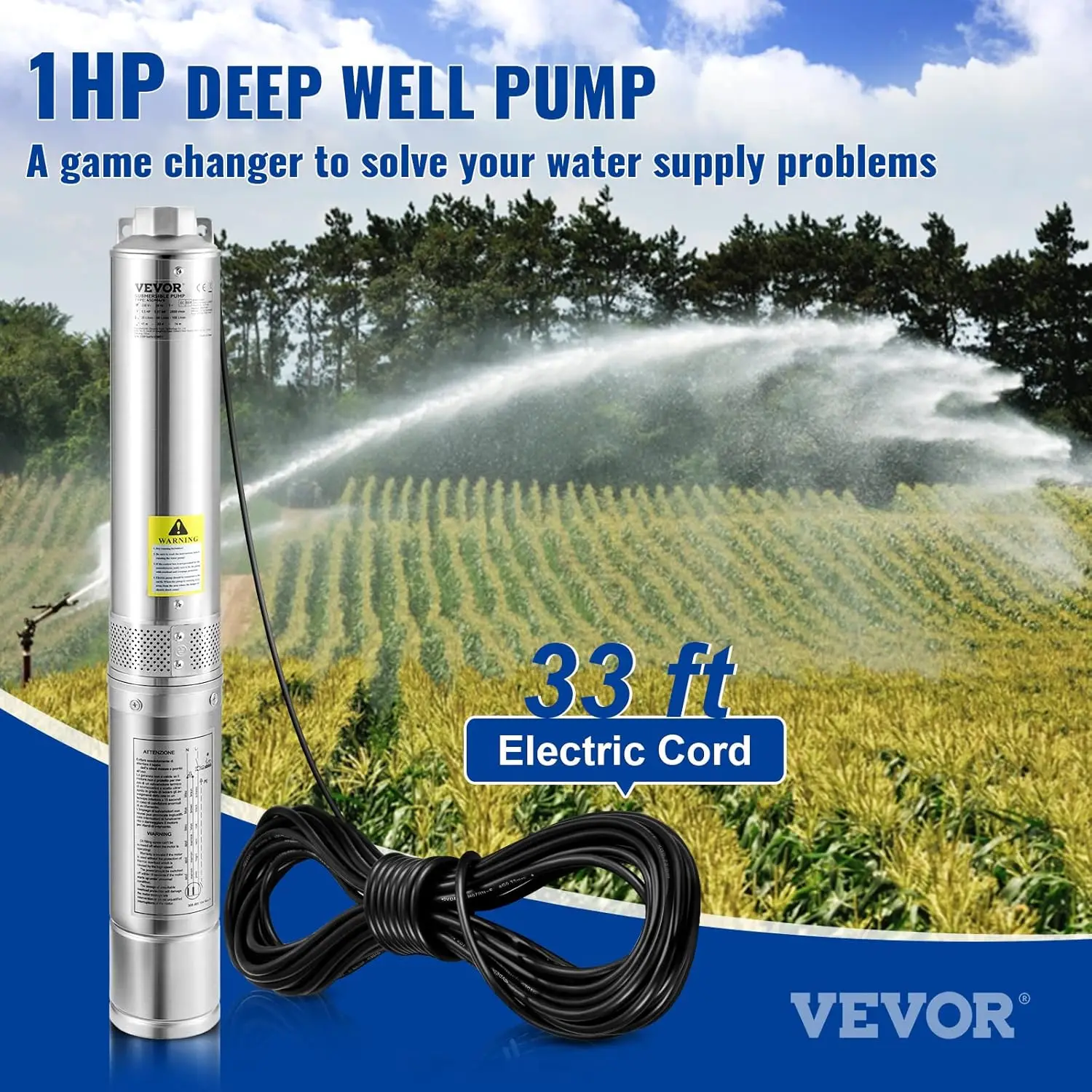 Deep Well Submersible Pump 1HP 230V/60Hz 37gpm Flow 207ft Head with 33ft Electric Cord 4