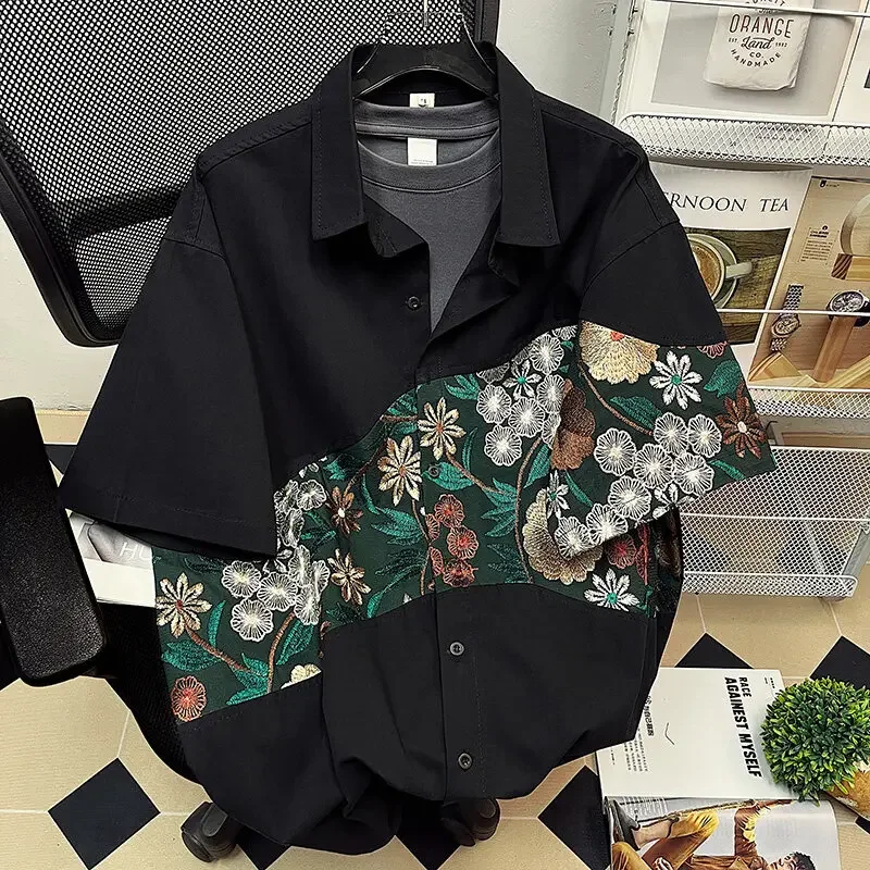 Pop Summer Short Sleeved Shirt Men Retro Embroidered Shirt Men Japanese Streetwear Loose Flower Shirt Men Hawaiian Shirts Plus S