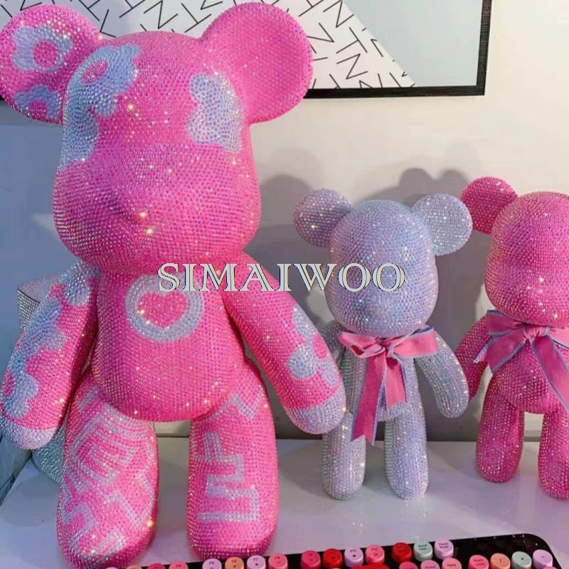 Diamond-studded Bear Figurine Pink Peach Flower Motifs Sculture Handmade Rhinestone Mosaic Crafts Christmas Gift Home Ornament