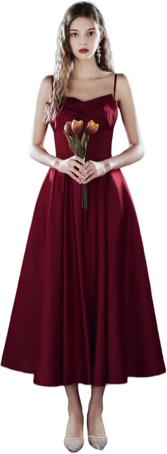 カスタムメイドの新しいサテンミディアムロングスパゲッティストラップドレス特別な日のプロムブライドメイドドレス女性のドレスパーティー