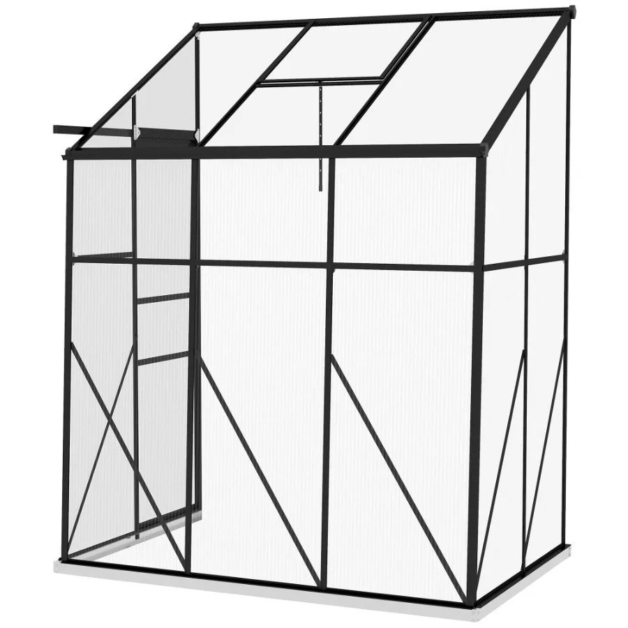 

6' x 4' Walkin Polycarbonate Greenhouse Leanto Aluminum Green House with Rain Gutter and Foundation Black