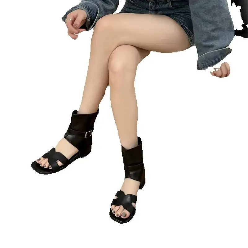 2026 Cross Strap Synthetic Leather Ankle Boots Rome Bohemia Cut Out Sandals Bootis Flat Heel Flats Shoes Women Streetwear