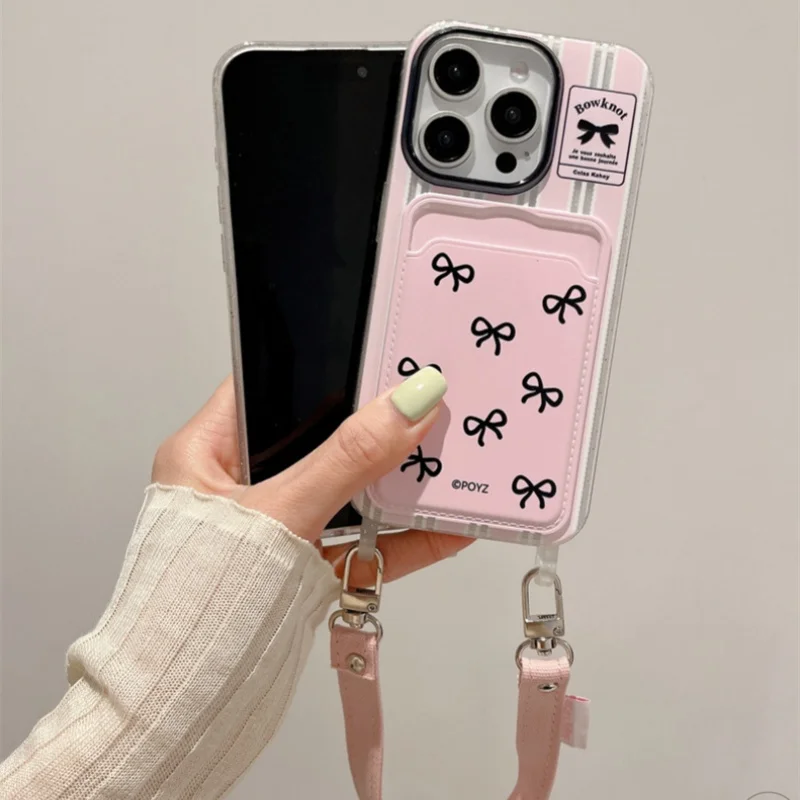 Card bag transparent hollow striped black bow phone case For iPhone 11 12 13 14 15 16 pro max