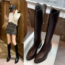 Winter New Pointy Mid-heel Knee-high Boots Back Zipper Solid Color Heightening Car Stitch and Velvet Fashion Elegant High Boots