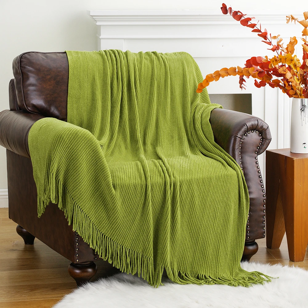 Battilo Chenille Knit Blankets with Tassels Caramel Plaid Throw Blanket for Bed Couch Decorative Sofa Blanket Bedroom Fall Decor