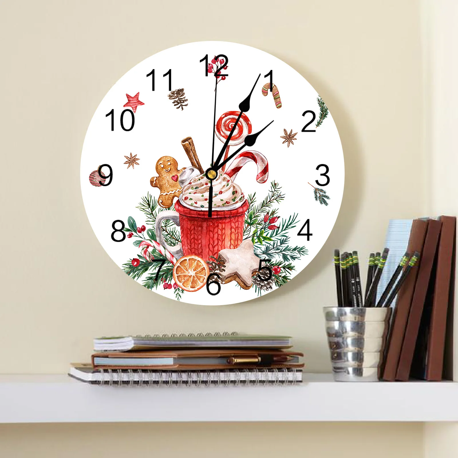 Christmas Gingerbread Man Cappuccino Poinsettia Bedroom Wall Clock Large Modern Kitchen Round Wall Watch Living Room Home Decor