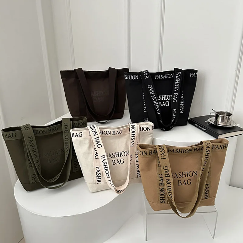 Borse tote casual da donna di grande capacità, borse a tracolla in tela con decorazioni di lettere per lo shopping da viaggio all\'aperto da donna