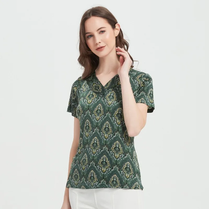 80% Silk V-neck Short Sleeve Women's T-shirt Printed Slim Large Mulberry Silk Knitting Bottoming Shirt