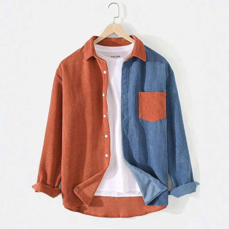 2025 autumn corduroy lapel contrasting color youth men's clothing Harajuku men's corduroy casual loose long sleeved shirt