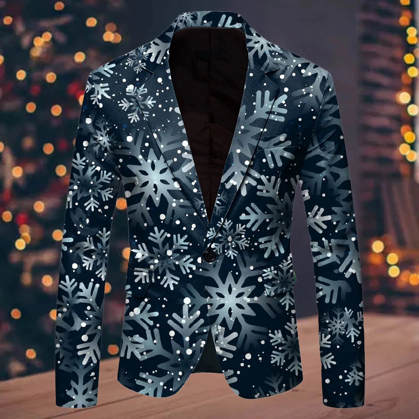 Snowflake Pattern Christmas Suit Jacket Men Blazer Fashion Leisure Christmas Printed Pocket Single Button Jacket Men\'s Clothing