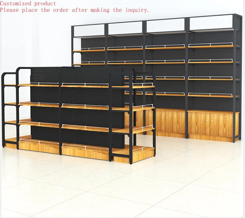 

Custom.Cheap Wooden Supermarket Shelf Heavy Duty Metal and Wood Display Shelf