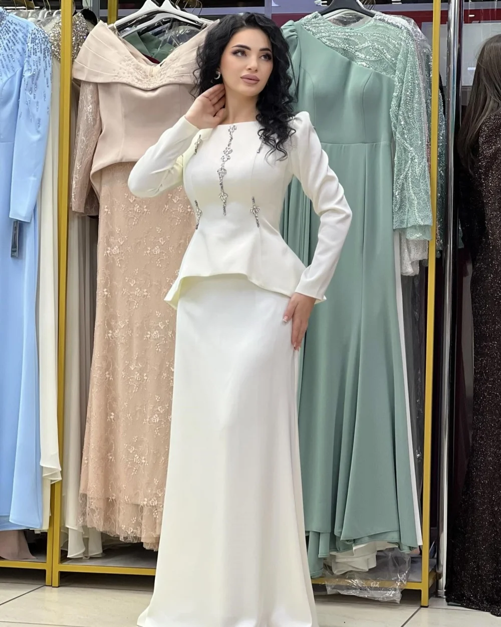 

Customized High Quality Formal Jersey Rhinestone Ruched Mermaid Scoop Neck Long Dresses Evening Dresses Modern Style Matching