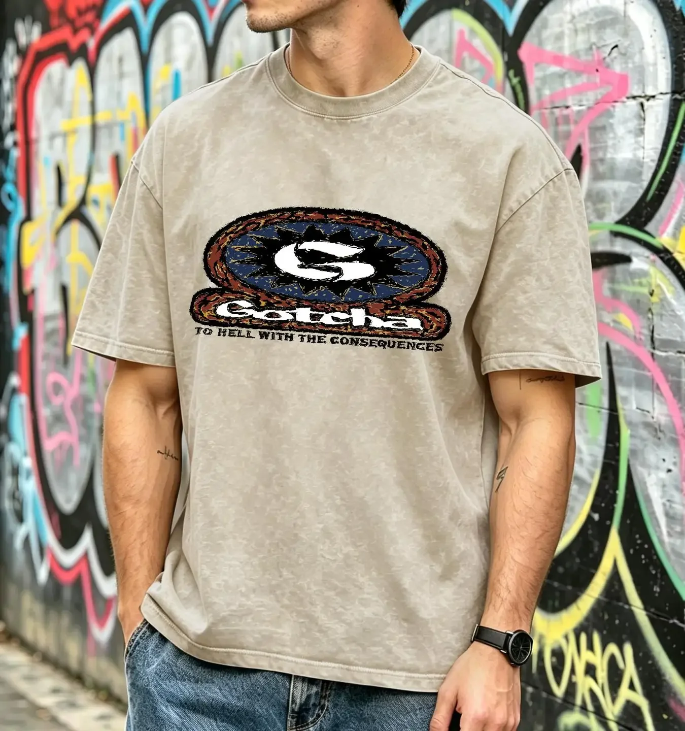 washed T Shirt Vintage 90s Gotcha To Hell With The Consequences Yellow long or short sleeves vintage Washed graphic streetwear