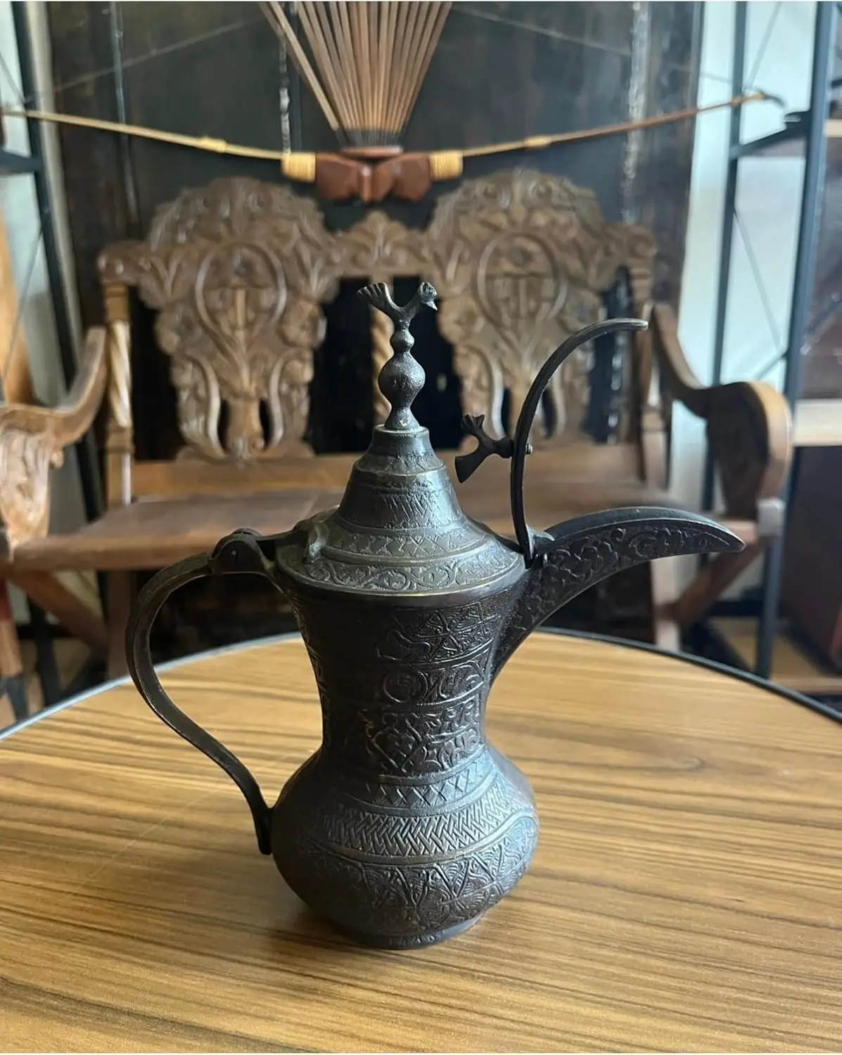 Antique Cast Iron Mirra Coffee Pot Ibrik - Traditional Engraved Decorative Object - Vintage Copper Finish - Unique Middle Easter
