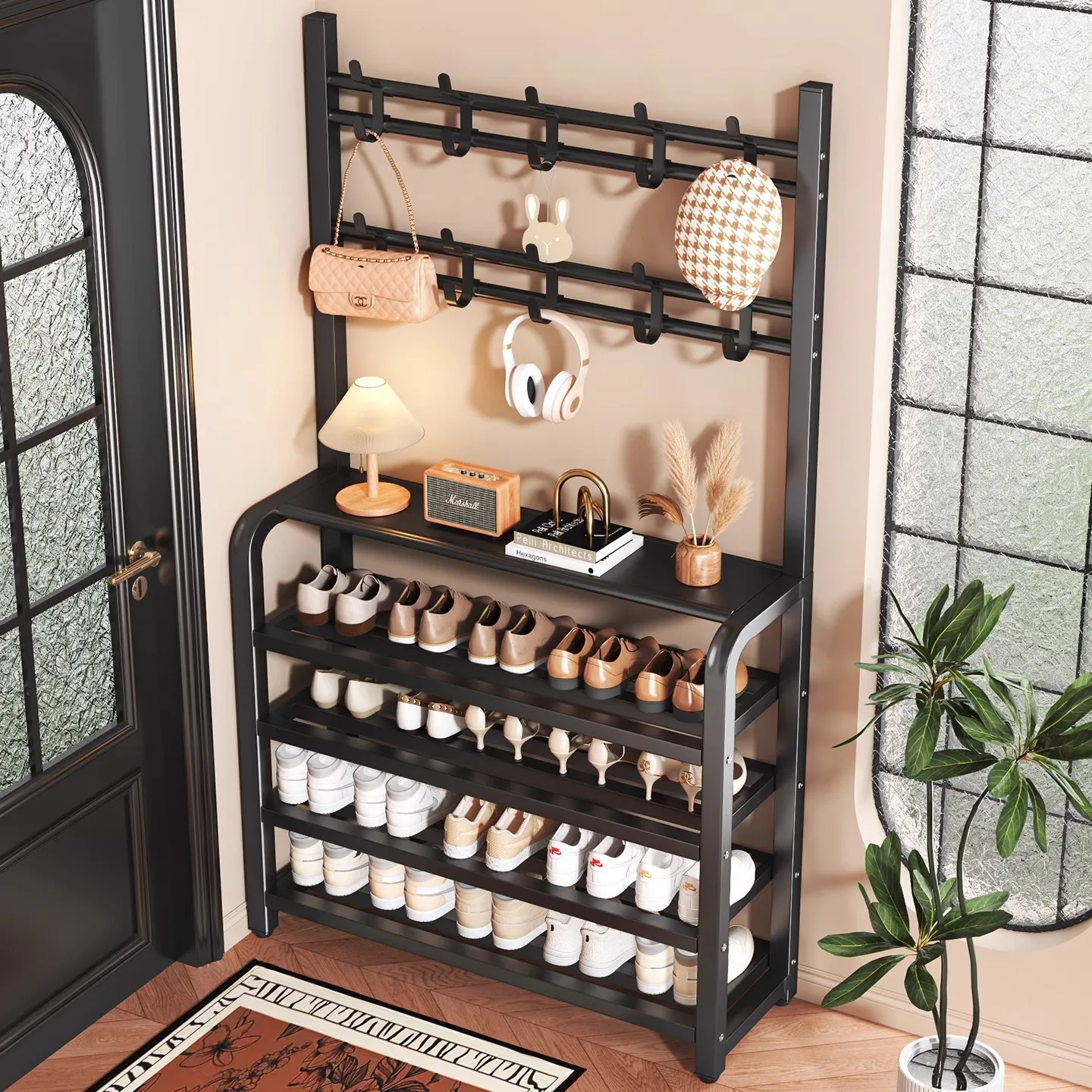 

Multilayer Shoe Rack Carbon Steel Door Storage Shelf Simple Coat Hanger for Home Entryway