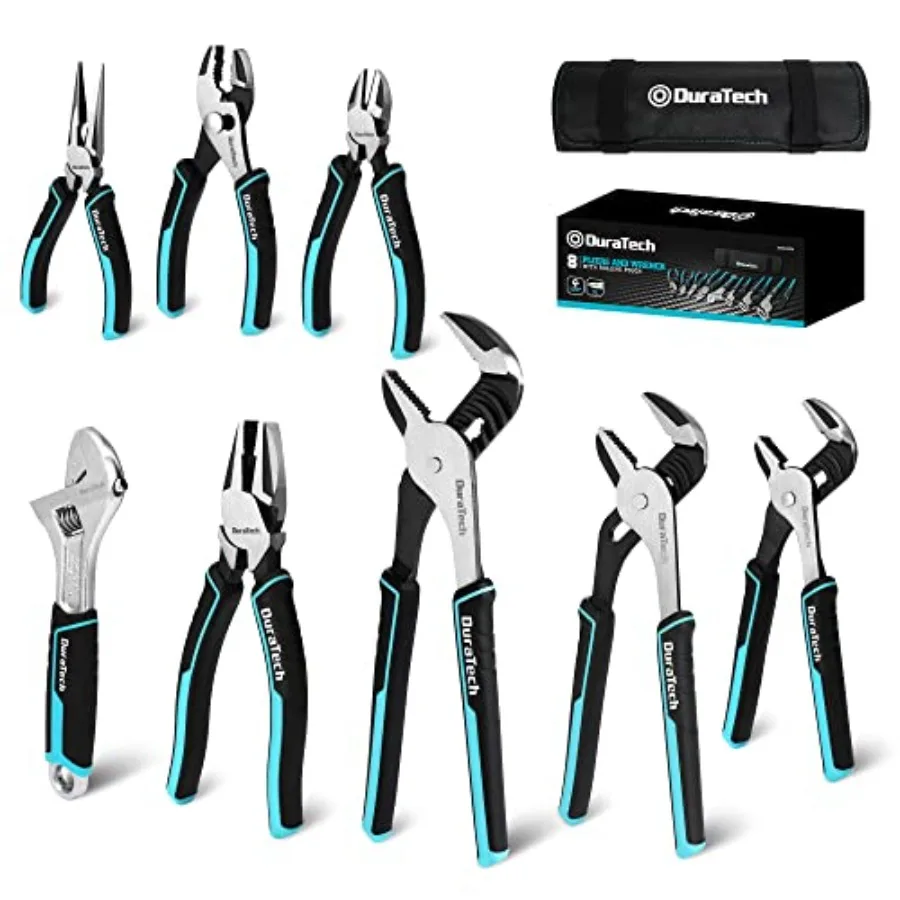 

8-Piece Pliers Set with Rolling Pouch Premium Cr-V/Cr-Ni Construction 12" 10" 8" Groove Joint Pliers 8" Adjustable Wrench 8" Li