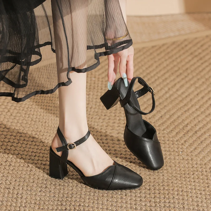 

Size 30-43 2026 New Summer Sandals High Heels Square Toe Block Heel Ankle Strap Comfort Dress Shoes Black Beige