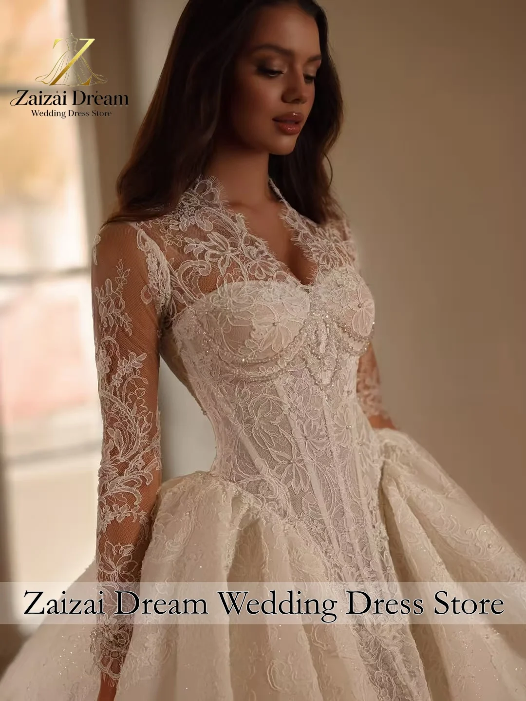 Customzied Luxury Royal Lace Wedding Dress Long Sleeves V Neck Bridal Gown Sparkly Train Dress Vestido De Novia