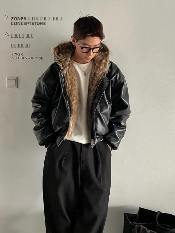 

Двусторонняя хлопковая куртка для мужчин с капюшоном, кожаными и меховыми вставками, зимняя теплая утолщенная верхняя одежда с длинными рукавами на молнии.