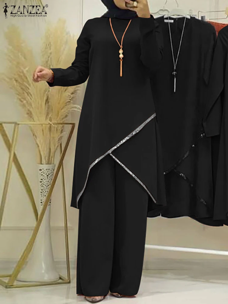 Zanzea Vrouwen Losse Bijpassende Sets Moslim Lange Mouw Blouse Abaya Pakken Pailletten Islamitische Kleding 2 Stuks Mode Trainingspak