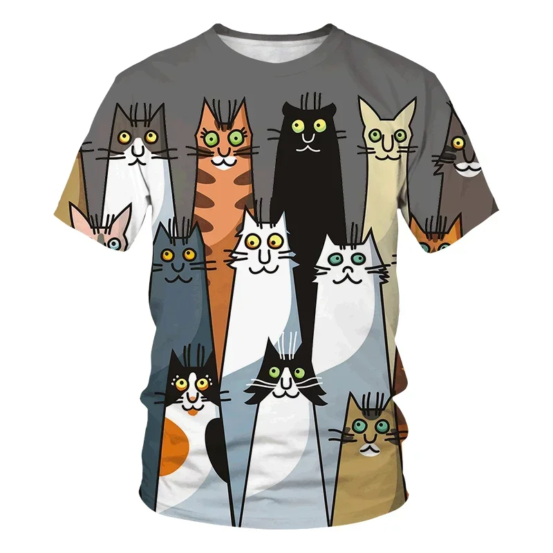 Childish Fun Men men Short Sleeved Casual Loose Top Streetwear Round Neck Sportswear Brief Strokes Cat Pattern Men'S T-Shirt