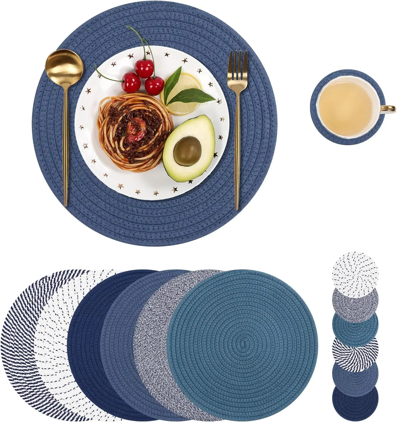

Cotton Rope Woven Round Placemats Set of 6 with Coasters, 13 Inch Kitchen Table Place Mats and 5.2