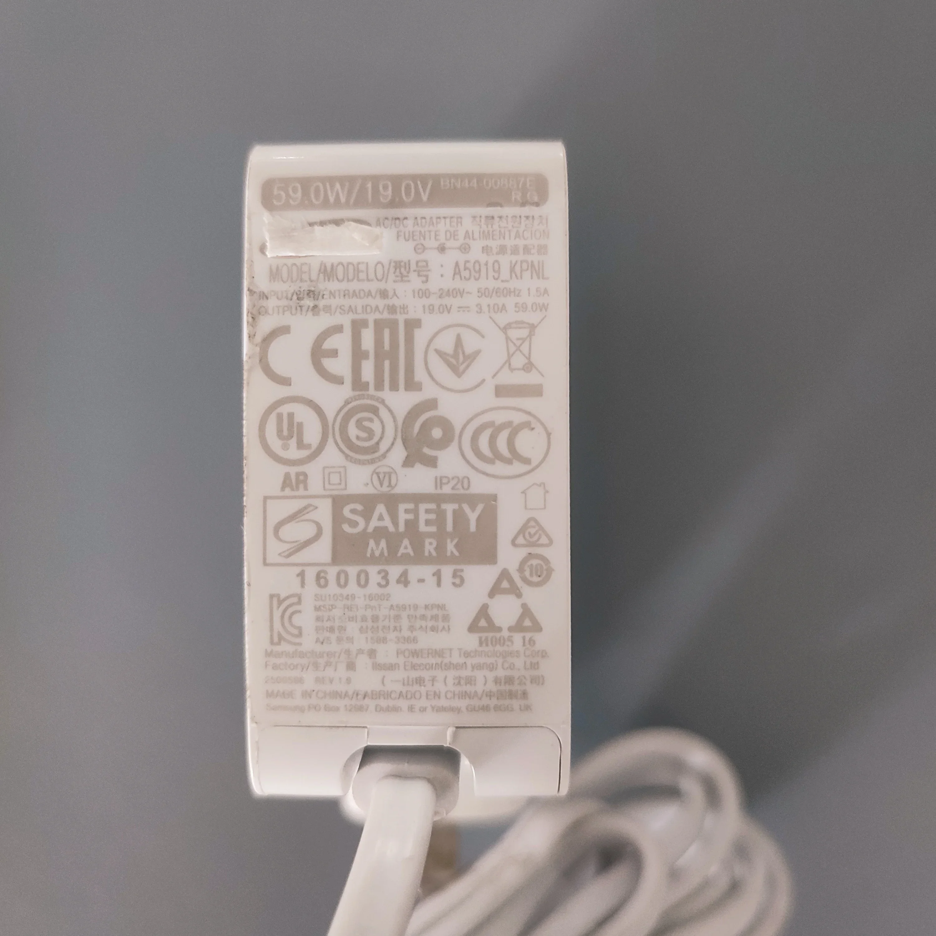 Pengisi Daya Adaptor AC/DC BN44-00887E Asli UE A5919_KPNL Kompatibel dengan Monitor Samsung S34J550WQU C32F391FWN 19V 3,10A 59W