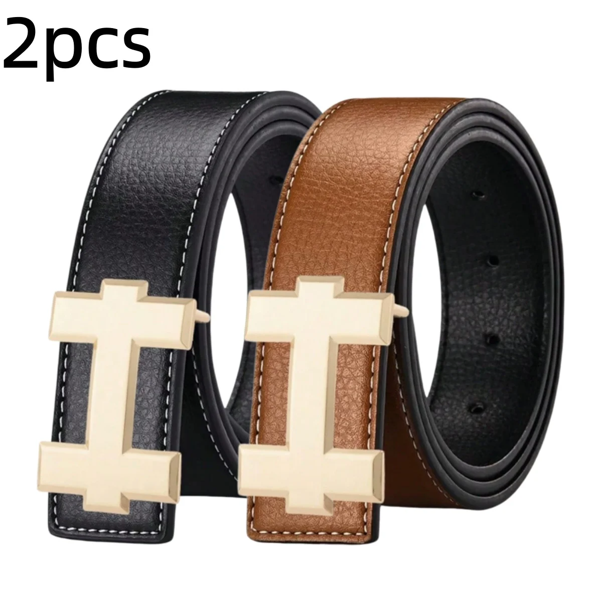 2Pcs Men Fashion Waist Belt Set, Gold‑Tone H‑Shape Metal Buckle Belts, Textured Faux Leather Strap Waistband, Business Casual Ac