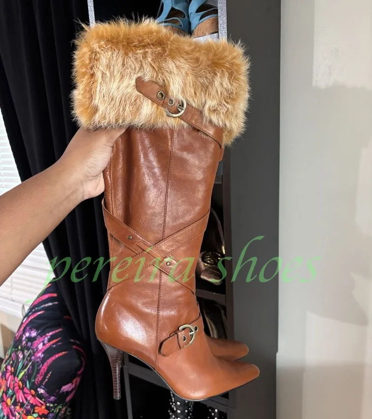 

Lady Brown Pointed Toe Fur Runway Knee Boots Stilted Heel Gladiator Vintage Color Buckle Strap Fall Dress Boots Outdoors Party