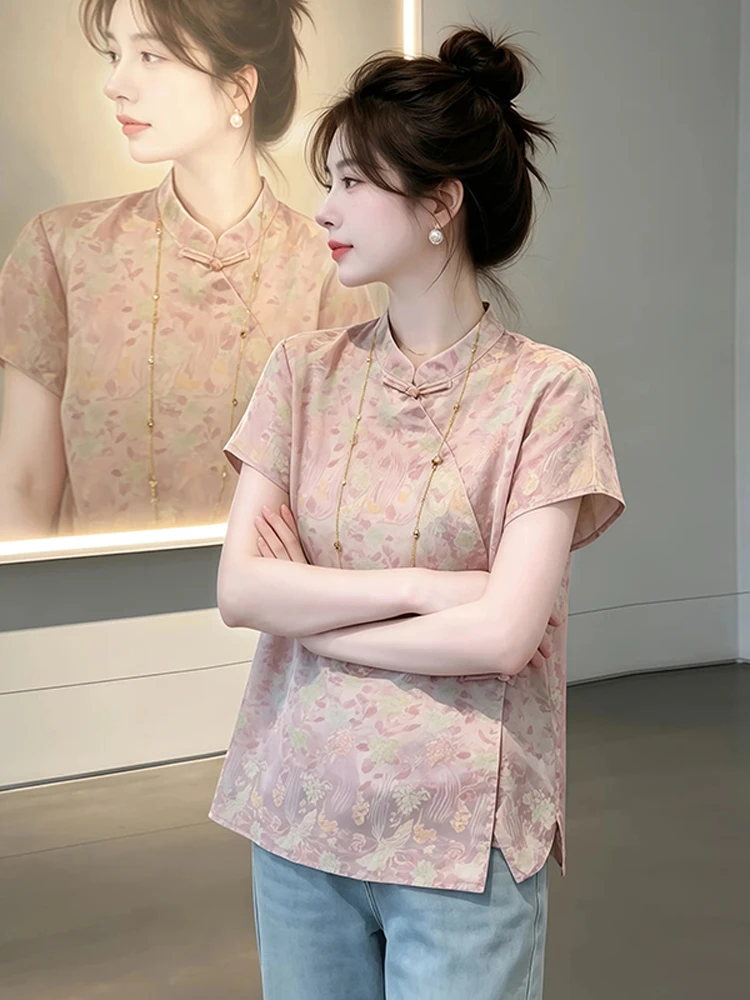 

Elegant New Chinese Style Printed Short Sleeve Shirt Women's Fashion Casual Loose Fit Summer Top Classy Atmosphere