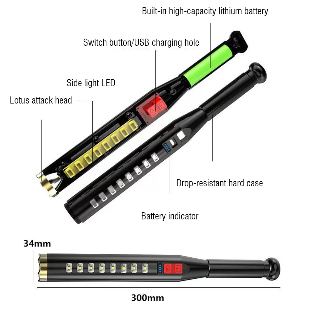 BORUiT Baseball Bat Flashlight LED COB Self Defense High Powerful Rechargeable Torch Waterproof Police Patrol Emergency Handlamp