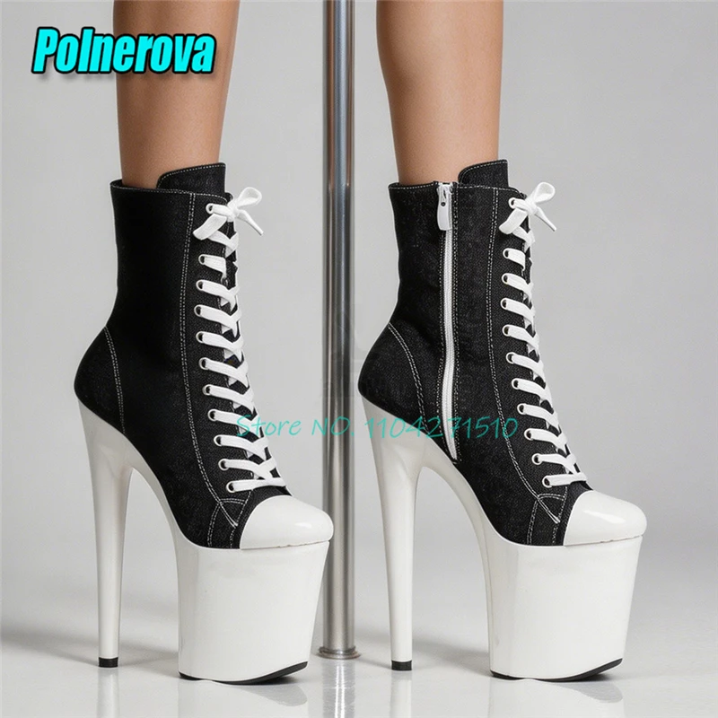 20CM Super High Heel Platform Short Boots Denim Patchwork Pointed Toe Lace-Up Zipper Boots Sexy Fashion Nightclub Stage Shoes