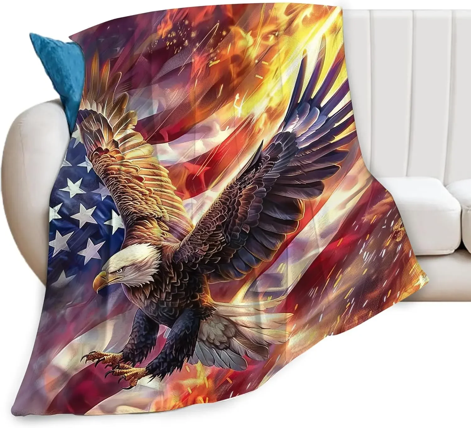 Bald Eagle & American Flag Fleece Throw, Patriotic Gift for All Ages, USA Themed Decor for Bedroom Couch, Soft Plush Blanket