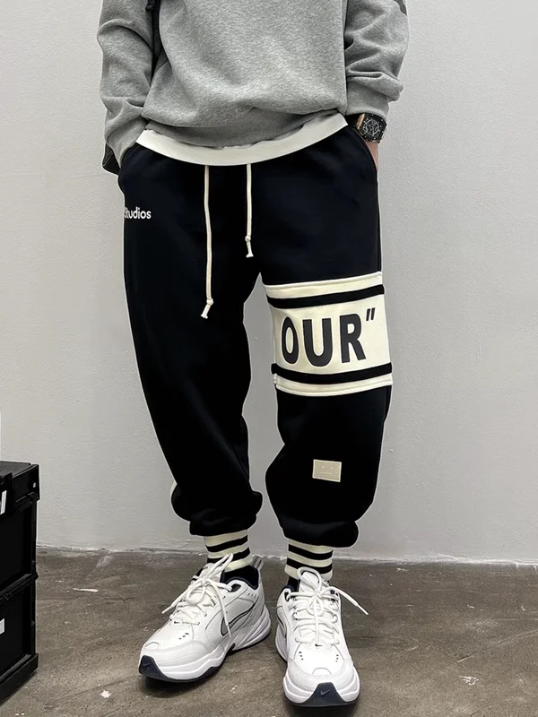 

Loose Trousers Men's plus Size 300 Pounds Retro Color Block Harlan Nine Points Sweatpants Spring Autumn American Trendy Brand