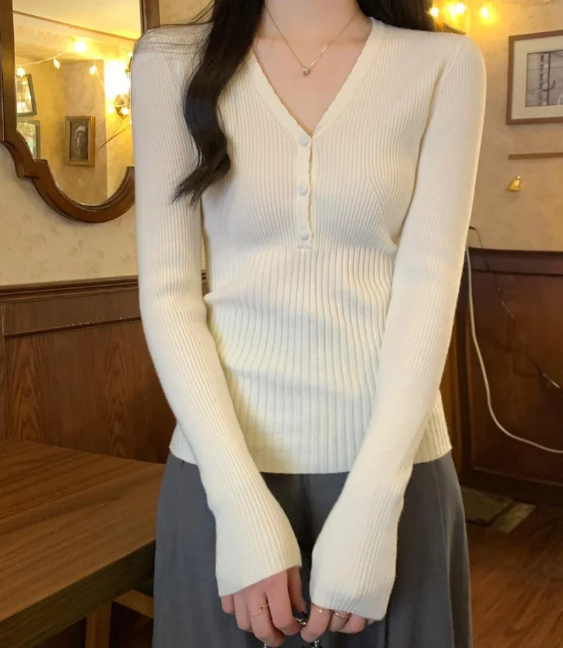 Stretch Slim Fit V-Neck Knitted Sweater Women Spring Autumn Sexy Tight Button Long Sleeve Pullovers High Quality Ribbed Knitwear