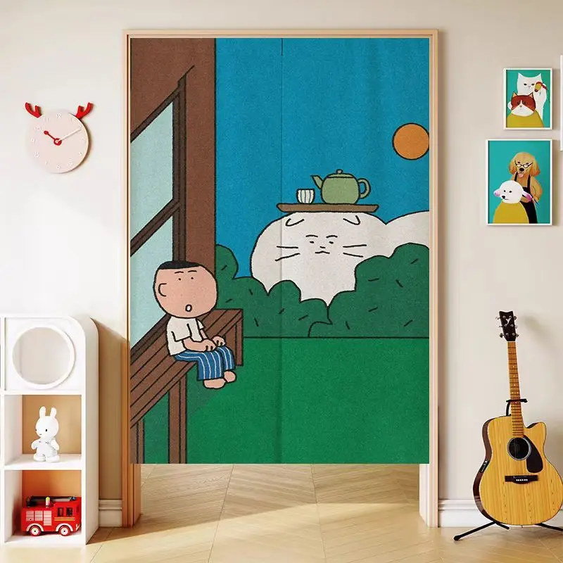 Healing Cartoon Door Curtain, Courtyard Boy And Cloud Cat, No Punching Entrance, Bedroom Privacy Partition Curtain