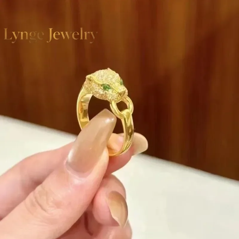 Lynge Jewelry Golden Leopard Head Real 18K Gold Ring for Woman Luxury Quality Fine Jewelry AU750 Ring Party Gift