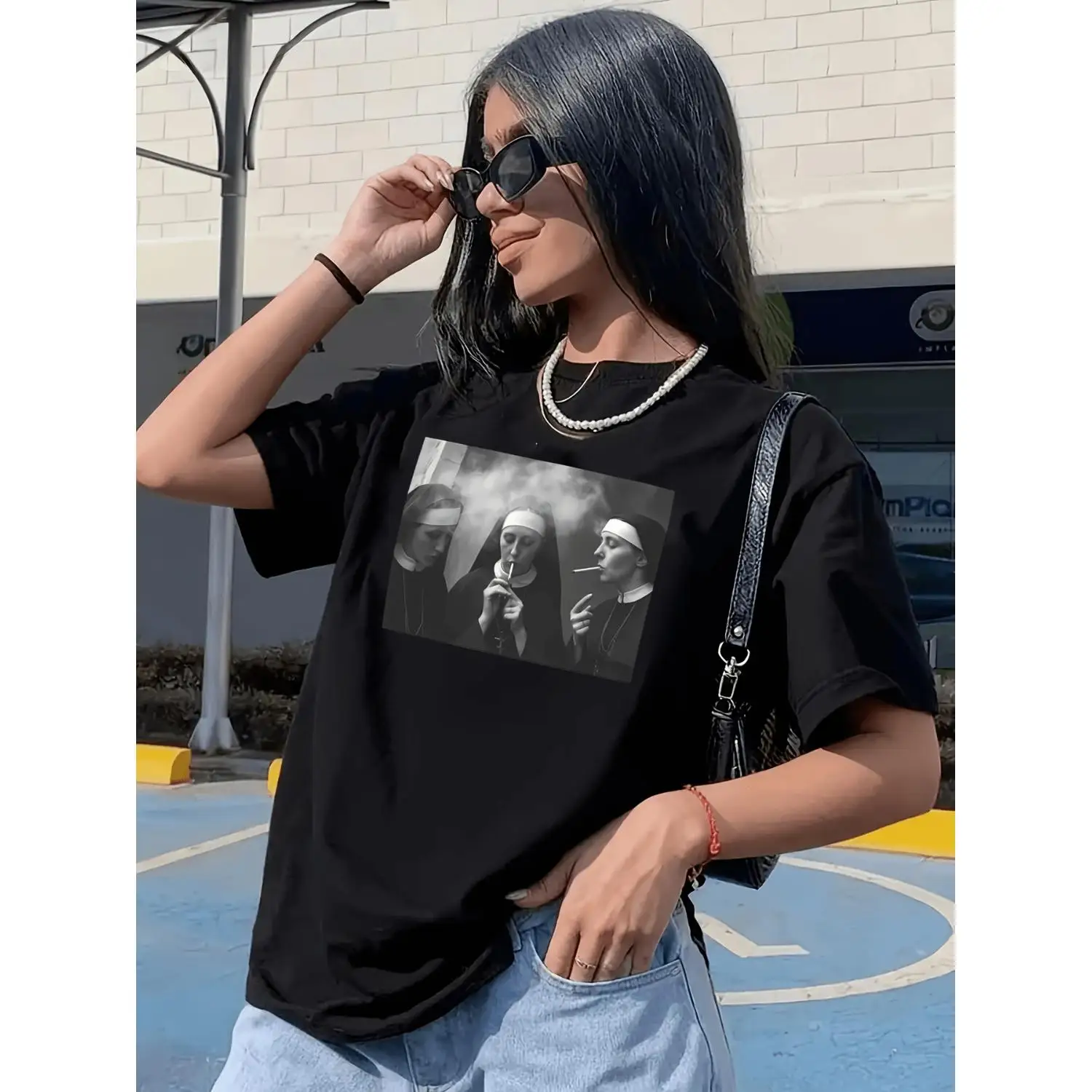 Women's Vintage Nun Print Short Sleeve T-Shirt - Nun & Habit Graphic Round Neck Casual Summer Blouse - -Line Regular Fit Spring/Summer Casual Attire for Themed Events & Religious Attire - Machine Washable Nun Outfit Top