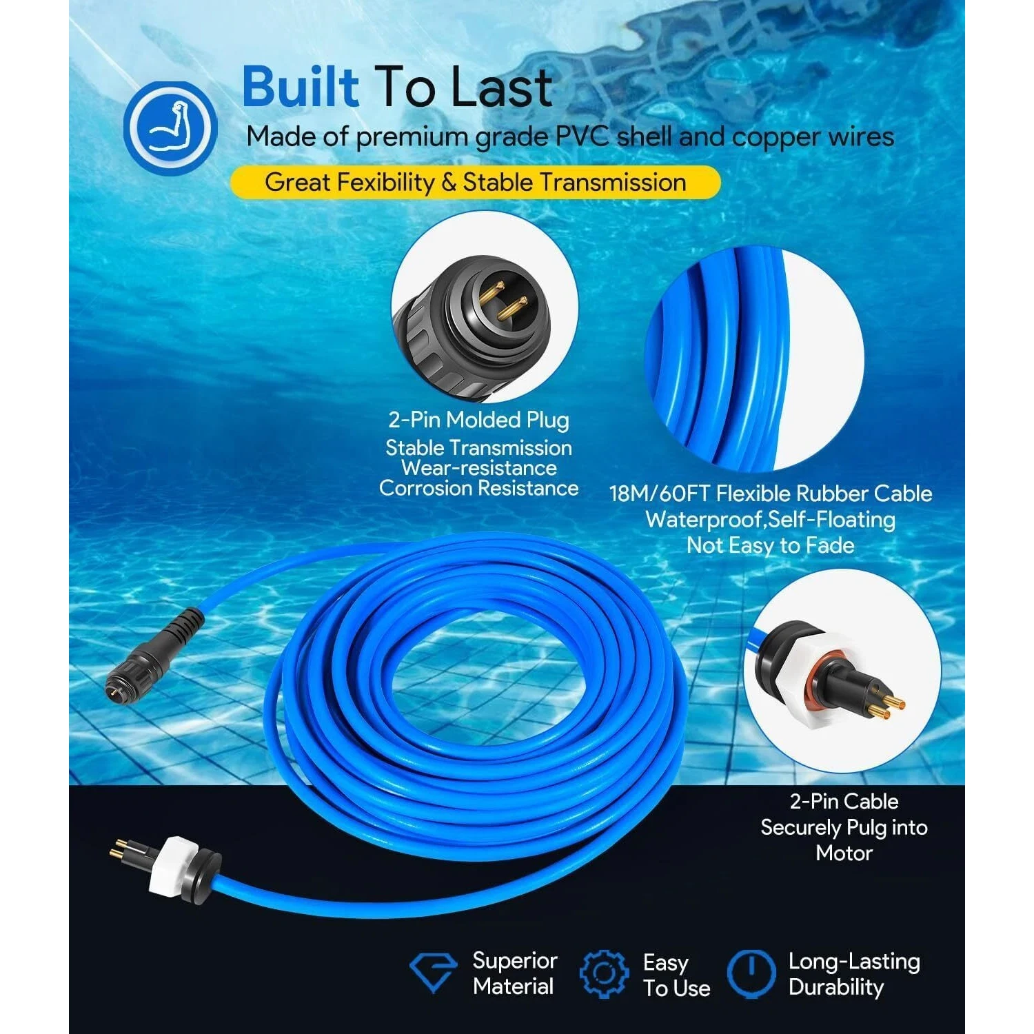 Cable de repuesto 99958903-DIY de 18 m (60 pies), 2 hilos, para limpiador de piscinas Dolphin Maytronics S200, Active 20, Triton PS, Discovery, Quantum