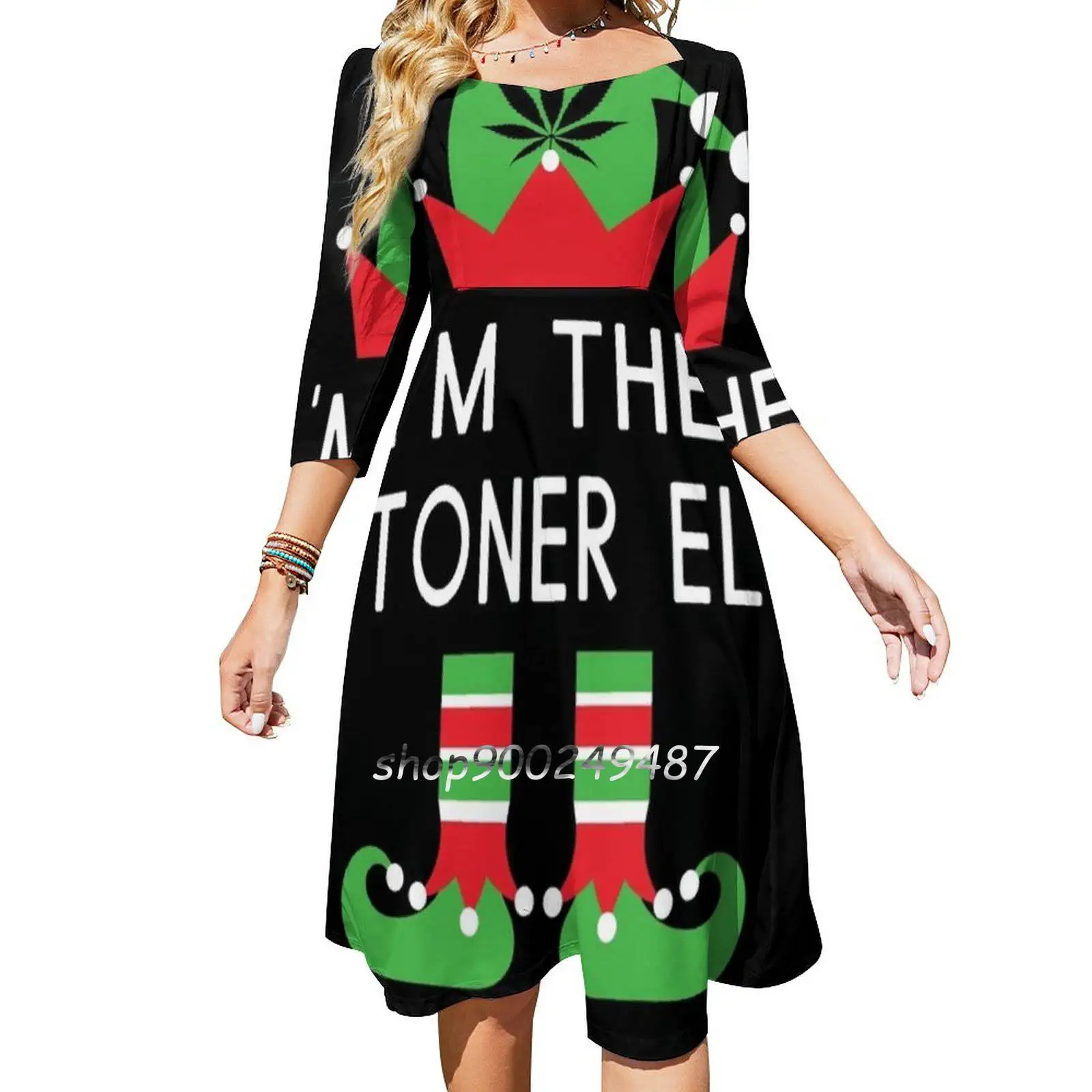I'M The Stoner Elf Pot Leaf Christmas Sweet Elegant Dress Women Korean Kawaii Square Collar Dress Christmas Weed Pot Leaf