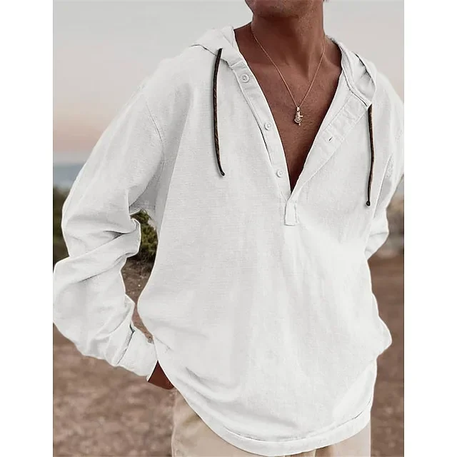 2024 New Young Men's Cotton and Linen Shirt Fashion Hooded Hoodie Long Sleeve Hooded Spring and Summer Casual Daily Clothing