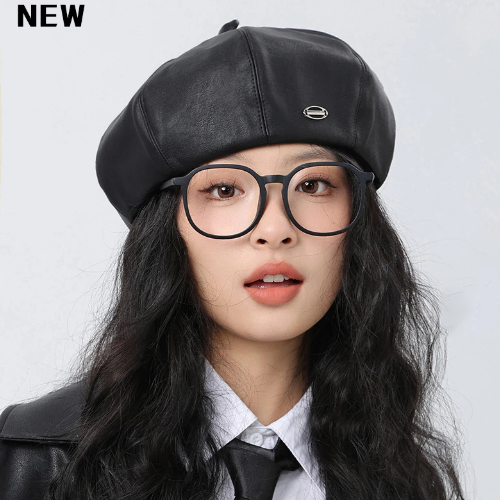 

HT4426 Women Berets New High Quality PU Leather Hats for Women Solid Octagonal Cap Ladies Artist Painter Autumn Winter Beret Hat