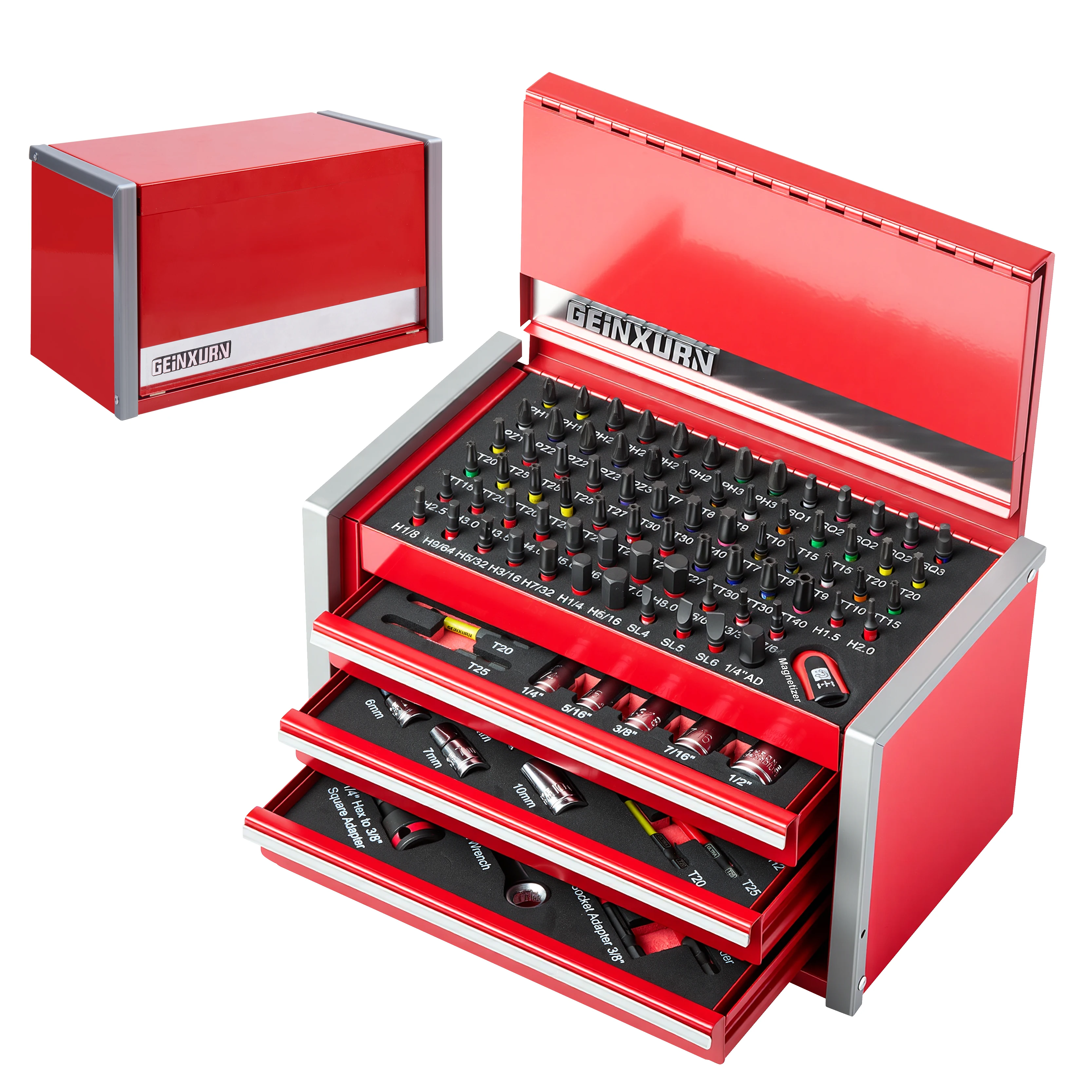 Set di utensili Geinxurn da 106 pezzi (rosso/nero), robusta cassetta degli attrezzi rossa con 4 cassetti, set di chiavi a bussola professionali per la riparazione di auto e la manutenzione domestica.