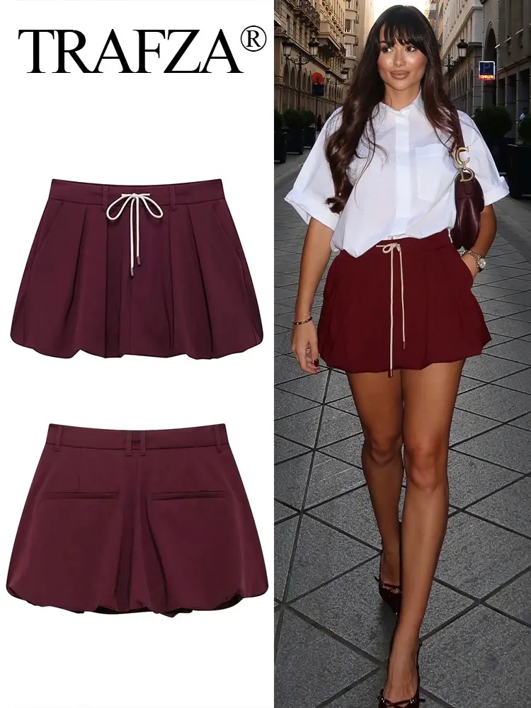 TRAFZA 2024 Female Pleated Skirt Wine Red High Waist Zipper Short Skirts Pockets Chic Lace-Up Casual Woman Mini Skirt Trendy