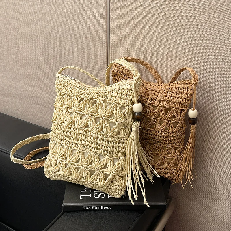 Tassel Western Style Hollow Tassel Straw Woven Personality Trendy Hand-Woven Large Capacity Beach Shoulder Messenger Bag Wom