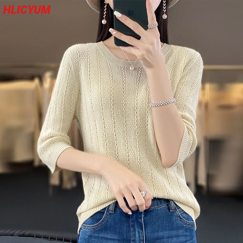 

Women's T-shirt Summer New Cotton Sweater Half Sleeves Casual Knitwear Round Neck Ladies Tops Blouse Overside Pullover Tees